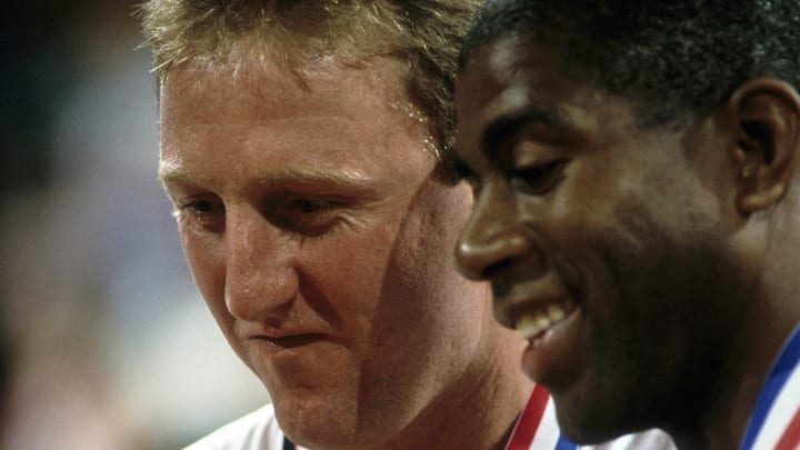 Jul 5, 1992; Portland, OR, USA: FILE PHOTO; USA dream team guard Magic Johnson (right) and Larry Bird (left) stand with their gold medals following their 127-80 win over Venezuela in the 1992 Tournament of the Americas at Memorial Coliseum. Mandatory Credit: USA TODAY Sports