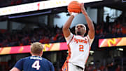Mar 8, 2025; Syracuse, New York, USA; Syracuse Orange guard J.J. Starling (2) shoots against Virginia Cavaliers guard Andrew Rohde (4) during the first half at the JMA Wireless Dome. Mandatory Credit: Rich Barnes-Imagn Images
