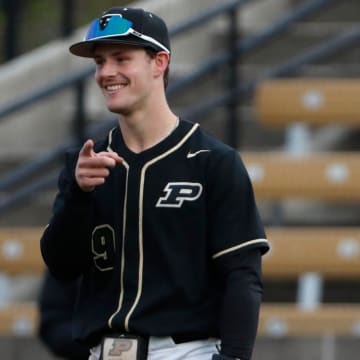 Purdue Boilermakers catcher Luke Gaffney (49) reacts after getting an out at first during the NCAA baseball game against the Evansville Purple Aces, Wednesday, April 24, 2024, at the Alexander Field in West Lafayette, Ind.