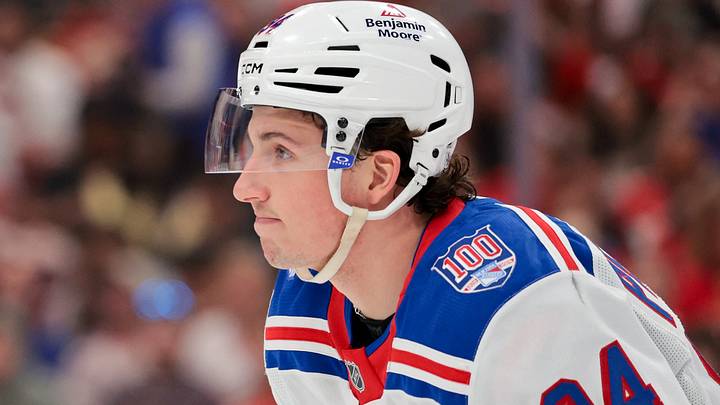 Apr 13, 2026; Sunrise, Florida, USA; New York Rangers right wing Gabe Perreault (94) looks on after scoring against the Florida Panthers during the second period at Amerant Bank Arena. Mandatory Credit: Sam Navarro-Imagn Images