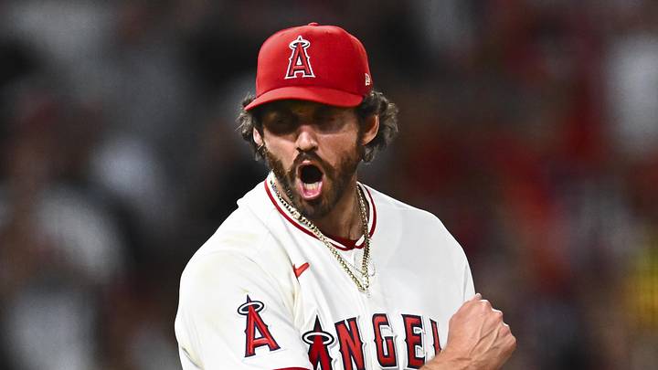 Apr 4, 2026; Anaheim, California, USA; Los Angeles Angels pitcher Jordan Romano (68) reacts after throwing final striking out to end the game against the Seattle Mariners during the ninth inning at Angel Stadium. Mandatory Credit: Jonathan Hui-Imagn Images