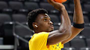 Nov 9, 2025; Waco, Texas, USA;  Baylor Bears guard Tounde Yessoufou (24) during warmups ahead of the game against the Washington Huskies at Paul and Alejandra Foster Pavilion. Mandatory Credit: Chris Jones-Imagn Images