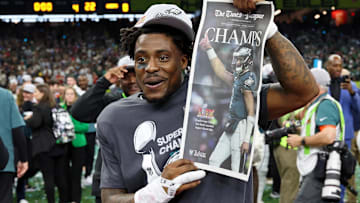 Feb 9, 2025; New Orleans, LA, USA; Philadelphia Eagles safety C.J. Gardner-Johnson (8) celebrates after winning Super Bowl LIX at Caesars Superdome.