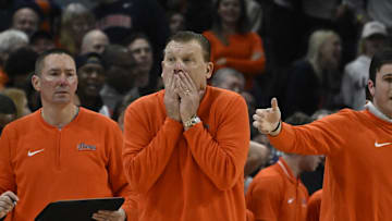 Jan 24, 2024; Evanston, Illinois, USA;   Illinois Fighting Illini head coach Brad Underwood looks on