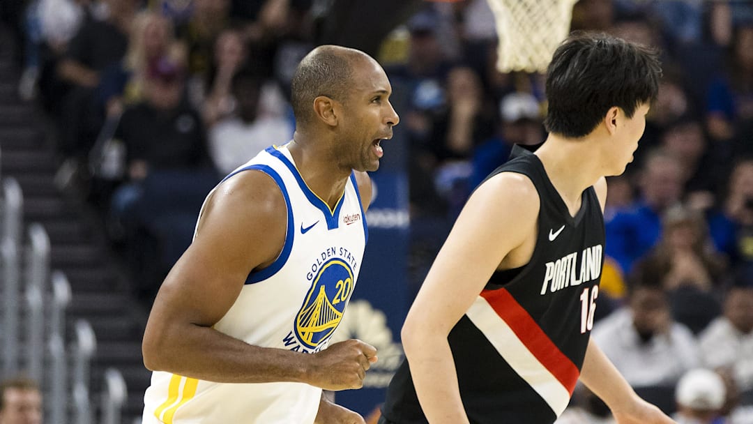 Oct 8, 2025; San Francisco, California, USA; Golden State Warriors center/forward Al Horford (20) reacts after hitting a three-point shot against the Portland Trail Blazers during the second quarter at Chase Center. Mandatory Credit: John Hefti-Imagn Images Oct 8, 2025; San Francisco, California, USA; Golden State Warriors center/forward Al Horford (20) reacts after hitting a three-point shot against the Portland Trail Blazers during the second quarter at Chase Center. Mandatory Credit: John Hefti-Imagn Images