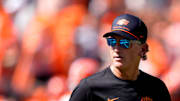 Oklahoma State Interim Head Coach/Offensive Coordinator Doug Meacham talks to players before the college football game between the Oklahoma State Cowboys and the Baylor Bears at Boone Pickens Stadium in Stillwater, Okla., Saturday, Sept. 27, 2025.