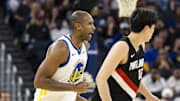 Oct 8, 2025; San Francisco, California, USA;  Golden State Warriors center/forward Al Horford (20) reacts after hitting a three-point shot against the Portland Trail Blazers during the second quarter at Chase Center. Mandatory Credit: John Hefti-Imagn Images