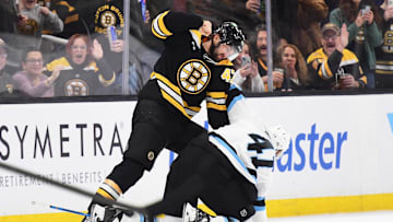 Nov 21, 2024; Boston, Massachusetts, USA;  Boston Bruins center Mark Kastelic (47) throws a punch at Utah Hockey Club defenseman Robert Bortuzzo (41) during the second period at TD Garden. Mandatory Credit: Bob DeChiara-Imagn Images