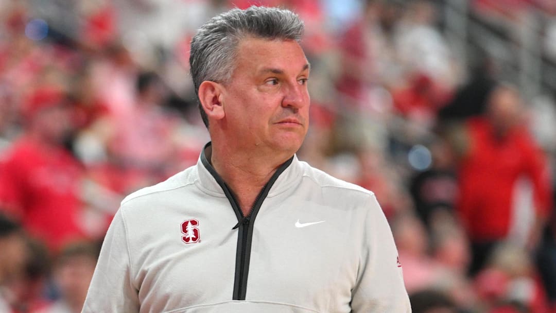Mar 7, 2026; Raleigh, North Carolina, USA;  Stanford Cardinal head coach Kyle Smith looks on during the second half against the NC State Wolfpack at Lenovo Center. Mandatory Credit: Zachary Taft-Imagn Images