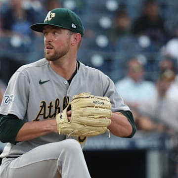 Jul 1, 2025; St. Petersburg, Florida, USA; Athletics starting pitcher Jeffrey Springs (59) throws a pitch against the Tampa Bay Rays during the first inning at George M. Steinbrenner Field. Mandatory Credit: Kim Klement Neitzel-Imagn Images