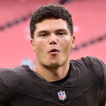 Oct 19, 2025; Cleveland, Ohio, USA; Cleveland Browns quarterback Dillon Gabriel (8) celebrates after the Browns beat the Miami Dolphins at Huntington Bank Field. Mandatory Credit: Ken Blaze-Imagn Images
