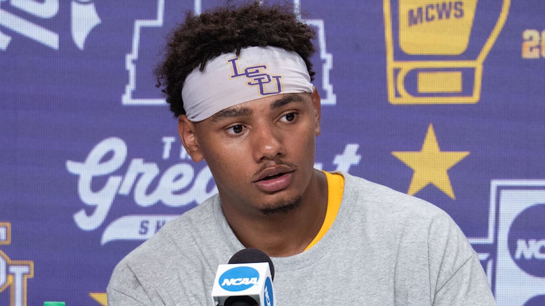 Former LSU Tigers starting pitcher Anthony Eyanson (24) meets with the press after the game against the Coastal Carolina Chanticleers at Charles Schwab Field.