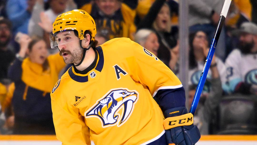 Mar 19, 2026; Nashville, Tennessee, USA;  Nashville Predators left wing Filip Forsberg (9) celebrates his goal \S| during the third period at Bridgestone Arena. Mandatory Credit: Steve Roberts-Imagn Images