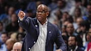 Dec 17, 2024; Charlotte, North Carolina, USA;  North Carolina Tar Heels head coach Hubert Davis during the first half against the Florida Gators at Spectrum Center. Mandatory Credit: Jim Dedmon-Imagn Images