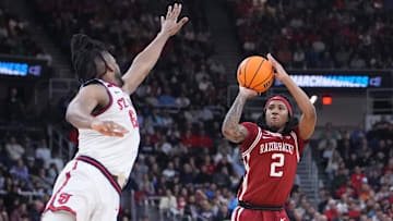 Mar 22, 2025; Providence, RI, USA; Arkansas Razorbacks guard Boogie Fland (2) shoots against St. John's Red Storm forward Zuby Ejiofor (24) during the second half of a second round men’s NCAA Tournament game at Amica Mutual Pavilion. Mandatory Credit: Gregory Fisher-Imagn Images
