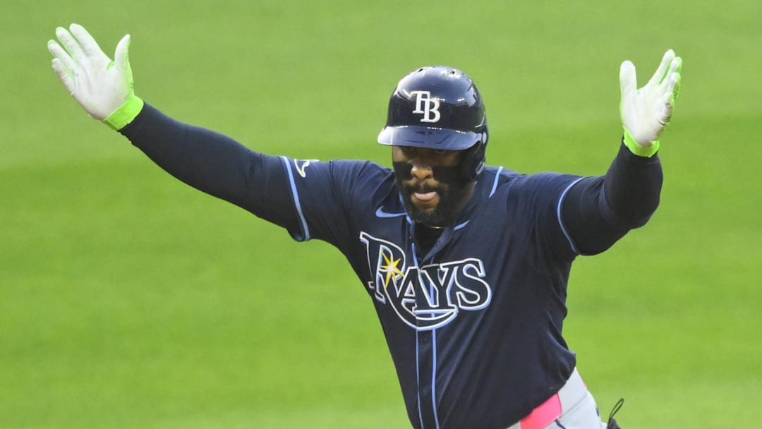 Sep 12, 2024; Cleveland, Ohio, USA; Tampa Bay Rays first baseman Yandy Diaz (2) celebrates his double in the first inning against the Cleveland Guardians at Progressive Field.