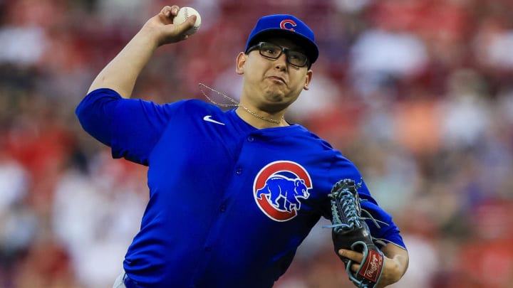 Jun 6, 2024; Cincinnati, Ohio, USA; Chicago Cubs starting pitcher Javier Assad (72) pitches against the Cincinnati Reds in the sixth inning at Great American Ball Park.