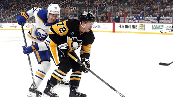 Oct 16, 2024; Pittsburgh, Pennsylvania, USA; Pittsburgh Penguins left wing Anthony Beauvillier (72) controls the puck against Buffalo Sabres center Ryan McLeod (71) during the first period at PPG Paints Arena. Mandatory Credit: Charles LeClaire-Imagn Images Oct 16, 2024; Pittsburgh, Pennsylvania, USA; Pittsburgh Penguins left wing Anthony Beauvillier (72) controls the puck against Buffalo Sabres center Ryan McLeod (71) during the first period at PPG Paints Arena. Mandatory Credit: Charles LeClaire-Imagn Images