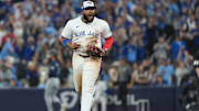 Oct 20, 2025; Toronto, Ontario, CAN; Toronto Blue Jays first baseman Vladimir Guerrero Jr. (27) reacts after the eighth inning against the Seattle Mariners during game seven of the ALCS round for the 2025 MLB playoffs at Rogers Centre. Mandatory Credit: Nick Turchiaro-Imagn Images