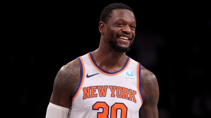 Dec 20, 2023; Brooklyn, New York, USA; New York Knicks forward Julius Randle (30) reacts during the fourth quarter against the Brooklyn Nets at Barclays Center. Mandatory Credit: Brad Penner-USA TODAY Sports