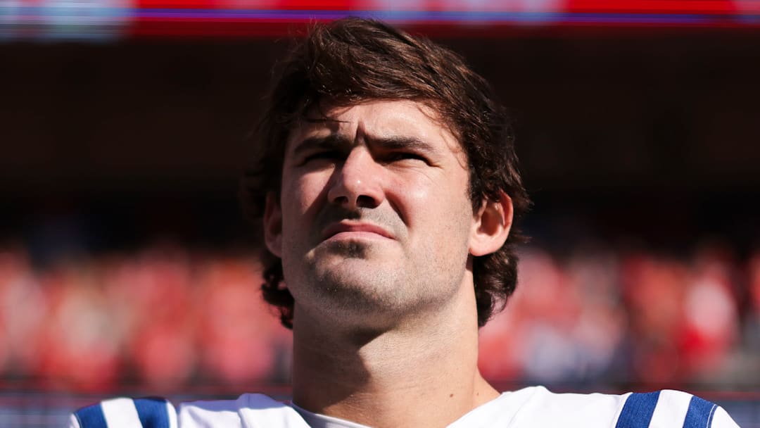 Daniel Jones of the Indianapolis Colts listens to the national anthem