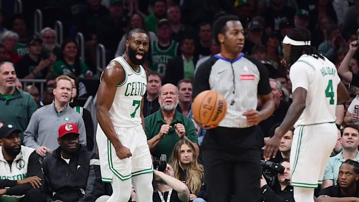 Apr 20, 2025; Boston, Massachusetts, USA; Boston Celtics guard Jaylen Brown (7) reads after being called for a foul during the second half against the Orlando Magic at TD Garden. Mandatory Credit: Bob DeChiara-Imagn Images