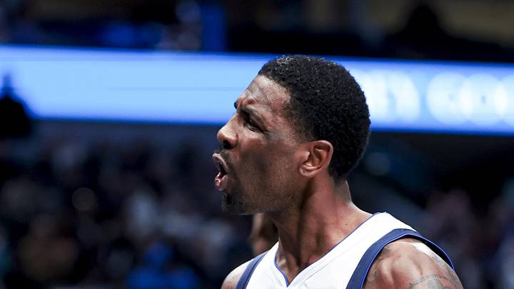 Feb 27, 2025; Dallas, Texas, USA;  Dallas Mavericks guard Kyrie Irving (11) reacts after scoring against the Charlotte Hornets during the second half at American Airlines Center. Mandatory Credit: Kevin Jairaj-Imagn Images