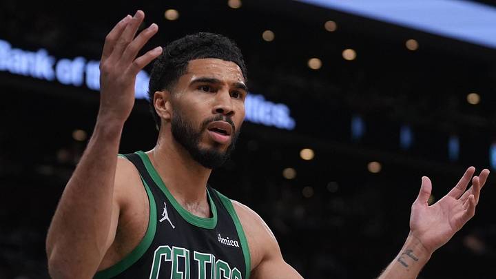 Apr 28, 2026; Boston, Massachusetts, USA; Boston Celtics forward Jayson Tatum (0) reacts after a play against Philadelphia 76ers in the second quarter during game five of the first round of the 2026 NBA Playoffs at TD Garden. Mandatory Credit: David Butler II-Imagn Images
