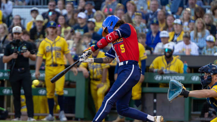 Texas Tailgater shortstop Jorden Hussein (5) makes contact during the Savannah Bananas game against the Texas Tailgaters Saturday, Aug. 30, 2025 at PNC Park in Pittsburgh, Pa. Texas Tailgater shortstop Jorden Hussein (5) makes contact during the Savannah Bananas game against the Texas Tailgaters Saturday, Aug. 30, 2025 at PNC Park in Pittsburgh, Pa.