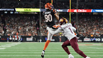 Cincinnati Bengals receiver Andrei Iosivas catches a touchdown pass against the Washington Commanders on Sept. 23, 2024.