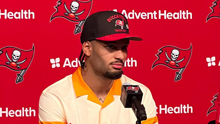 Bucs WR Emeka Egbuka at his introductory press conference (5/25/25). Bucs WR Emeka Egbuka at his introductory press conference (5/25/25).