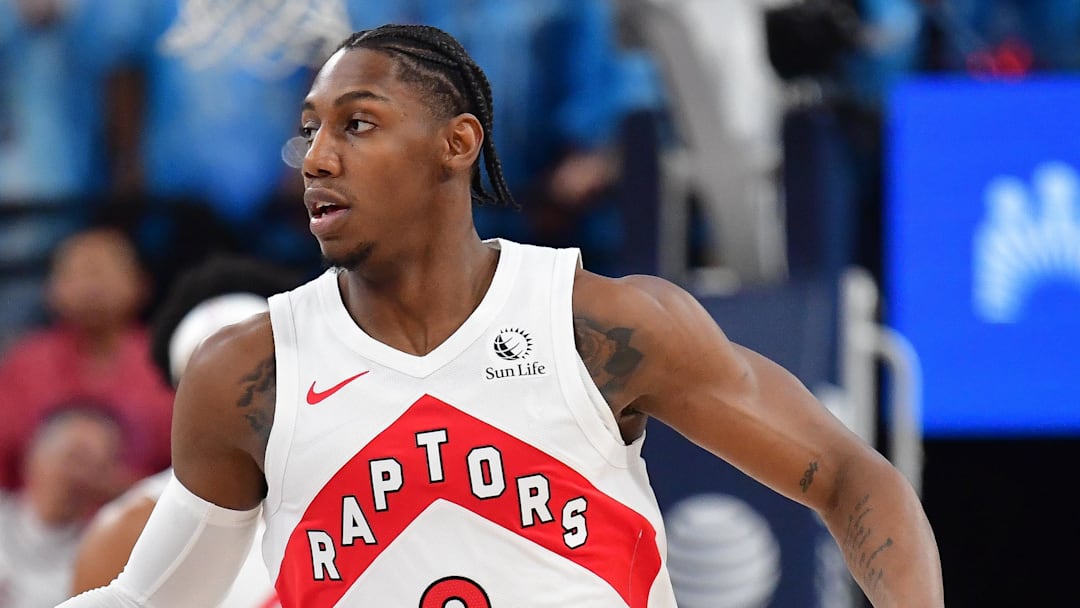 Mar 25, 2026; Inglewood, California, USA; Toronto Raptors forward RJ Barrett (9) moves the ball up court against the Los Angeles Clippers during the first half at Intuit Dome. Mandatory Credit: Gary A. Vasquez-Imagn Images
