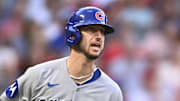 Aug 23, 2025; Anaheim, California, USA; Chicago Cubs outfielder Kyle Tucker (30) hits a two-run home run against the Los Angeles Angels during the third inning at Angel Stadium. 