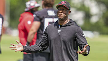 Atlanta Falcons head coach Raheem Morris is shown on the field during Rookie Minicamp at the Falcons Training Camp.