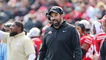Nov 1, 2025; Columbus, Ohio, USA; Ohio State Buckeyes head coach Ryan Day reacts during the third quarter against the Penn State Nittany Lions at Ohio Stadium. Mandatory Credit: Joseph Maiorana-Imagn Images