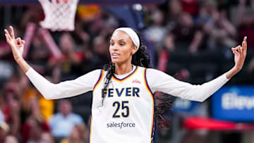 Indiana Fever forward DeWanna Bonner (25) celebrates a 3-pointer Tuesday, June 3, 2025, during a game between the Indiana Fever and the Washington Mystics at Gainbridge Fieldhouse in Indianapolis.