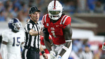 Sep 21, 2024; Oxford, Mississippi, USA; Mississippi Rebels defensive linemen Princely Umanmielen (1) reacts after a sack during the first half against the Georgia Southern Eagles at Vaught-Hemingway Stadium. Mandatory Credit: Petre Thomas-Imagn Images