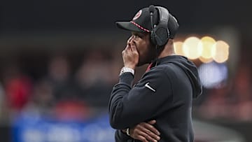 Jan 5, 2025; Atlanta, Georgia, USA; Atlanta Falcons head coach Raheem Morris reacts on the sidelines against the Carolina Panthers during the second half at Mercedes-Benz Stadium. Mandatory Credit: Dale Zanine-Imagn Images