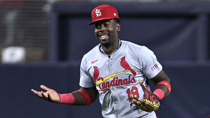 Apr 1, 2024; San Diego, California, USA; St. Louis Cardinals right fielder Jordan Walker (18) reacts after a catch to end the fifth inning against the San Diego Padres at Petco Park. Mandatory Credit: Orlando Ramirez-USA TODAY Sports 