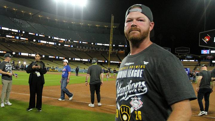 Milwaukee Brewers pitcher Brandon Woodruff walks off the mound at Dodger Stadium after winning the National League Championship Series on Oct. 15, 2026.