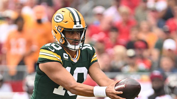 Oct 4, 2026; Tampa, Florida, USA; Green Bay Packers quarterback Jordan Love (10)  during the game against the Tampa Bay Buccaneers at Raymond James Stadium. Mandatory Credit: Jonathan Dyer-Imagn Images