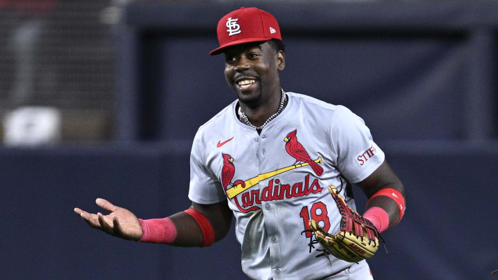 Apr 1, 2024; San Diego, California, USA; St. Louis Cardinals right fielder Jordan Walker (18) reacts after a catch to end the fifth inning against the San Diego Padres at Petco Park.