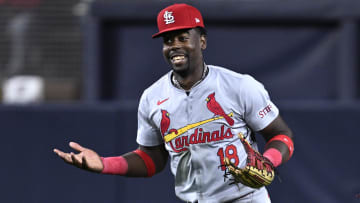 Apr 1, 2024; San Diego, California, USA; St. Louis Cardinals right fielder Jordan Walker (18) reacts after a catch to end the fifth inning against the San Diego Padres at Petco Park. Mandatory Credit: Orlando Ramirez-USA TODAY Sports 