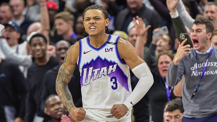 Nov 16, 2025; Salt Lake City, Utah, USA; Utah Jazz guard Keyonte George (3) reacts to his game winning shot during double overtime against the Chicago Bulls at Delta Center. Mandatory Credit: Peter Creveling-Imagn Images