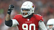 Sep 30, 2018; Glendale, AZ, USA; Arizona Cardinals defensive tackle Robert Nkemdiche (90) reacts against the Seattle Seahawks at State Farm Stadium. Mandatory Credit: Mark J. Rebilas-USA TODAY Sports