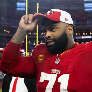 Dec 17, 2023; Glendale, Arizona, USA; San Francisco 49ers offensive lineman Trent Williams (71) against the Arizona Cardinals at State Farm Stadium. Mandatory Credit: Mark J. Rebilas-Imagn Images