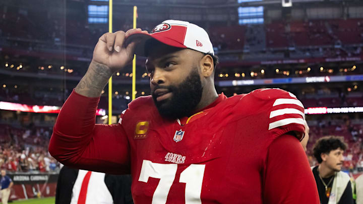 Dec 17, 2023; Glendale, Arizona, USA; San Francisco 49ers offensive lineman Trent Williams (71) against the Arizona Cardinals at State Farm Stadium. Mandatory Credit: Mark J. Rebilas-Imagn Images