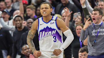 Nov 16, 2025; Salt Lake City, Utah, USA; Utah Jazz guard Keyonte George (3) reacts to his game winning shot during double overtime against the Chicago Bulls at Delta Center. Mandatory Credit: Peter Creveling-Imagn Images