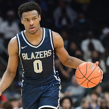 Dec 11, 2021; Phoenix, AZ, USA; Sierra Canyon High School guard Bronny James dribbles against Perry High School at Footprint Center. Mandatory Credit: Joe Camporeale-Imagn Images