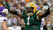 Green Bay Packers defensive end Micah Parsons (1) celebrates after sacking Minnesota Vikings quarterback J.J. McCarthy (9) on Sunday, November 23, 2025, at Lambeau Field in Green Bay, Wis. The Packers won the game, 23-6.
Tork Mason/USA TODAY NETWORK-Wisconsin